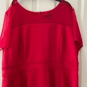 Red midi dress with sheer accents. 22W
